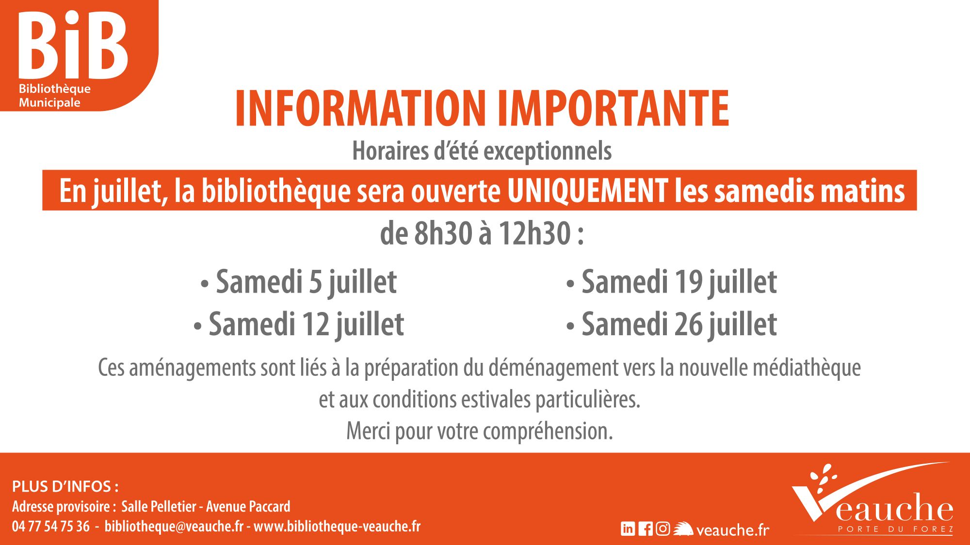 Horaires d'été de la bibliothèque : ouverture uniquement les samedis matins